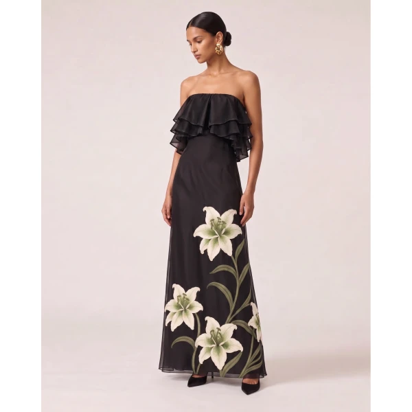 Lily Embroidered Layered Ruffle Strapless Maxi Dress in Black