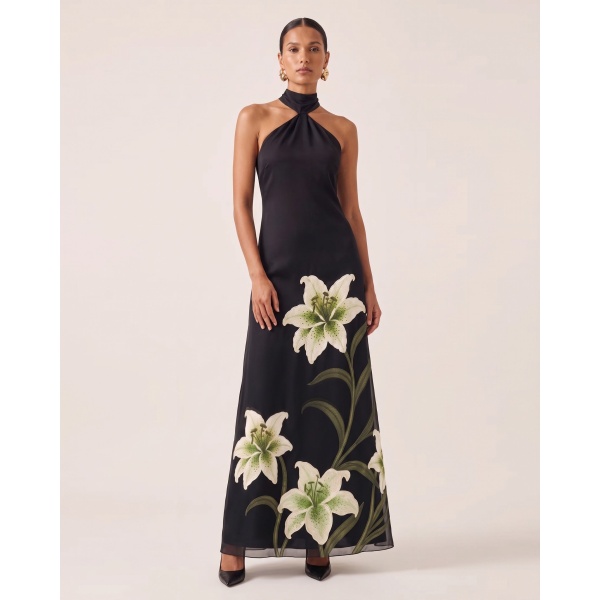 JW PEI Lily Embroidered Ruched Halter Maxi Dress
