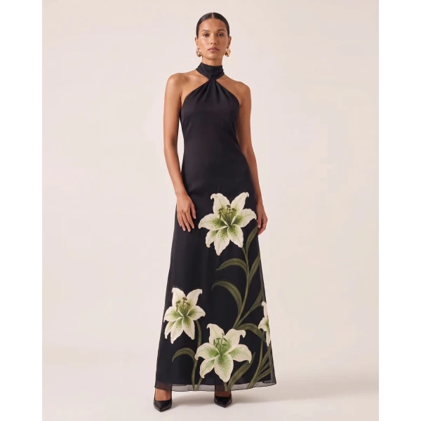 Lily Embroidered Ruched Halter Maxi Dress in Black
