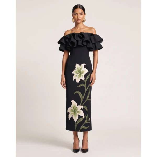 Lily Embroidered Ruffled Off-Shoulder Maxi Dress in Black