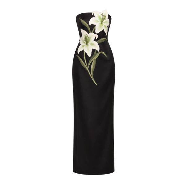 Lily Embroidered Strapless Column Maxi Dress in Black