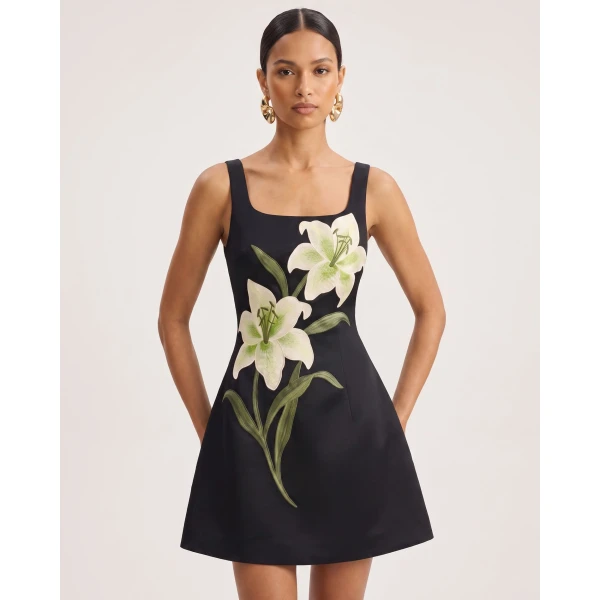 Lily Floral Print Sleeveless A-Line Mini Dress in Black