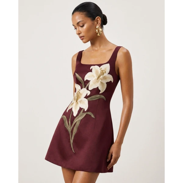 Lily Floral Print Sleeveless A-Line Mini Dress in Burgundy