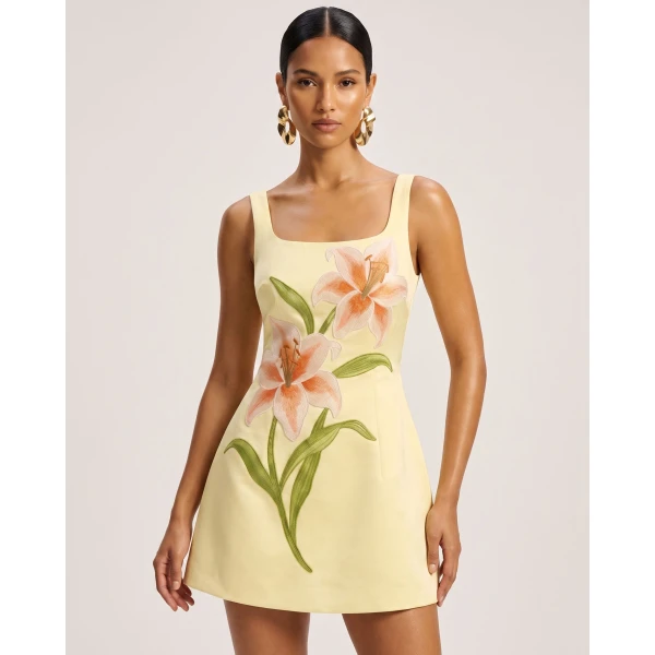 Lily Floral Print Sleeveless A-Line Mini Dress in Yellow