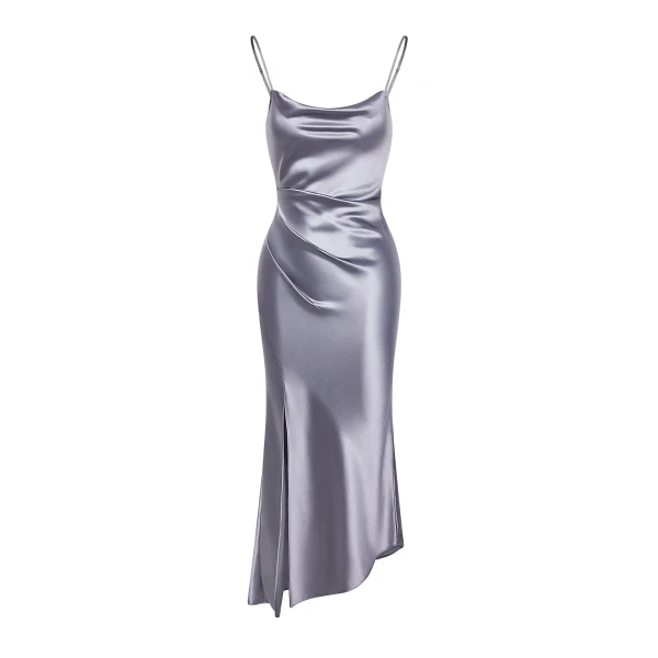 Liquid Satin Cowl-Slit Gown in Silver