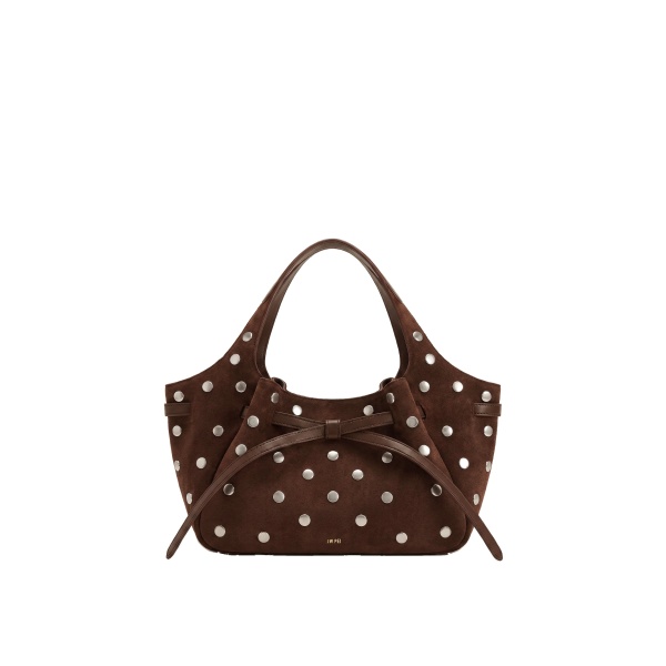 JW PEI Mabel Faux Suede Studded Soft Bow Tote Bag in Dark Brown