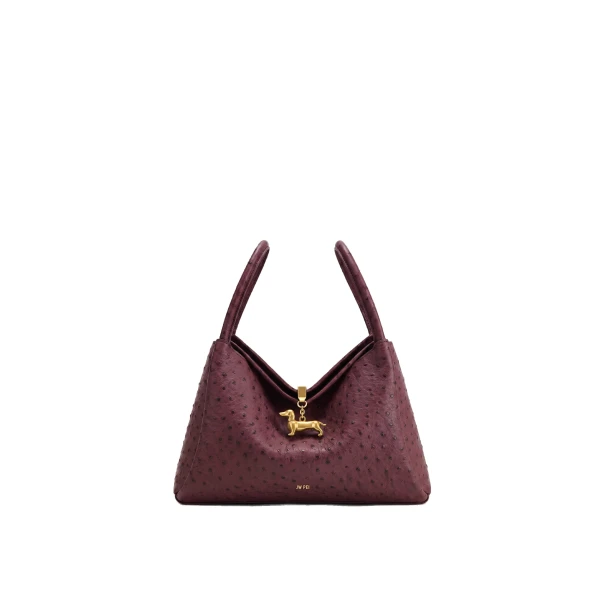 JW PEI Maelle Faux Ostrich Grain Dachshund Charm Double Handle Bag in Berry Red