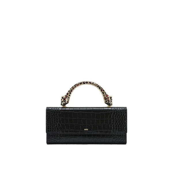 JW PEI Maya Leopard-Shaped Hardware Handle Top Handle Bag in Black Croc