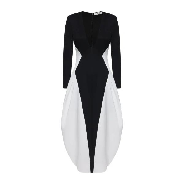 Monochrome Paneled Plunging V-Neck Long-Sleeve Maxi Dress in Black