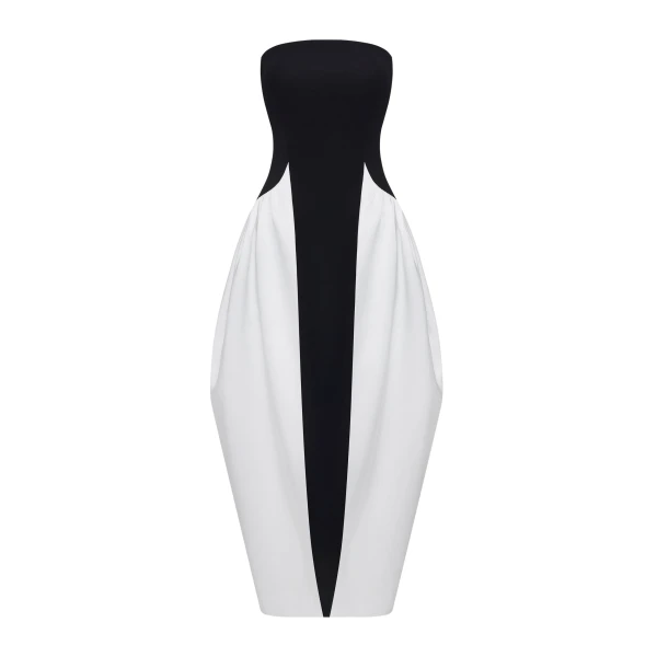 Monochrome Paneled Strapless Sculptural Maxi Dress in Black