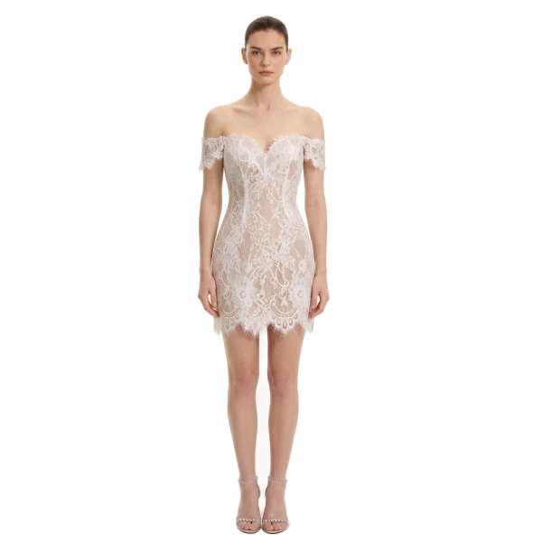 Off Shoulder Lace Mini Dress in White