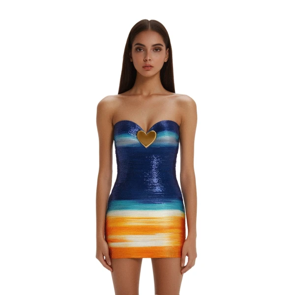 Olivia Metallic Heart Sequin Dress in Blue/Orange