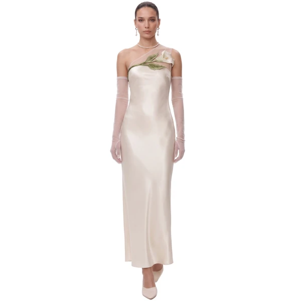 One-Shoulder Calla Lily Embroidered Satin Maxi Dress in Champagne