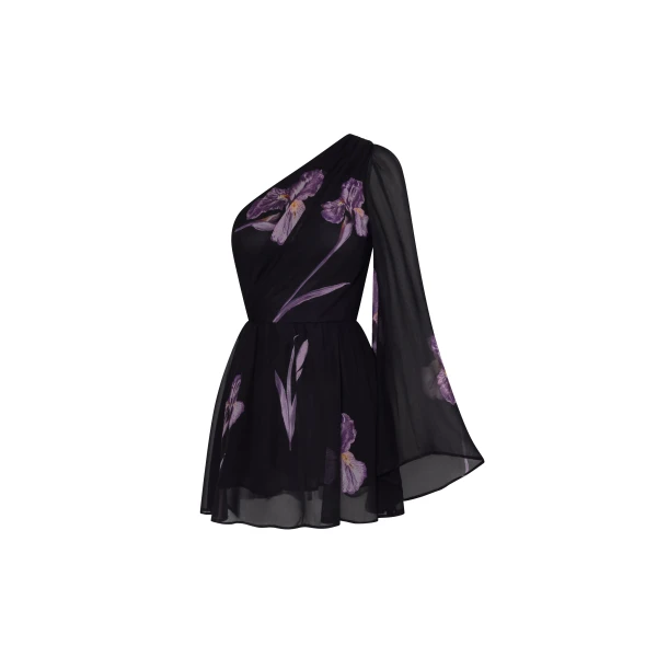 One Shoulder Floral Mesh Dress in Black