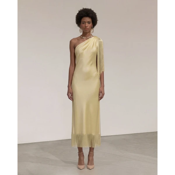 One Shoulder Fringe Midi Dress in Champagne