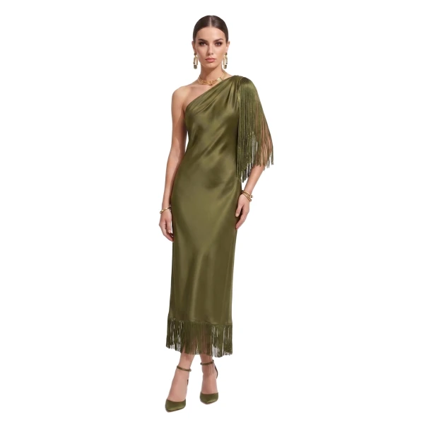 One Shoulder Fringe Midi Dress in Olive Green