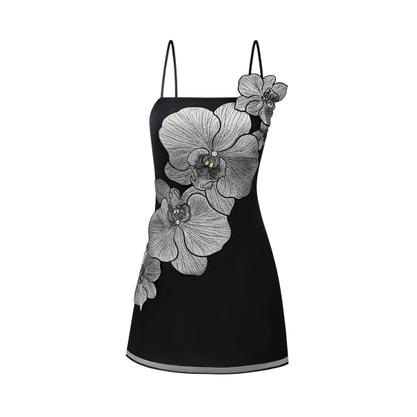 Orchid Appliqué Mini Dress in Black/Silver