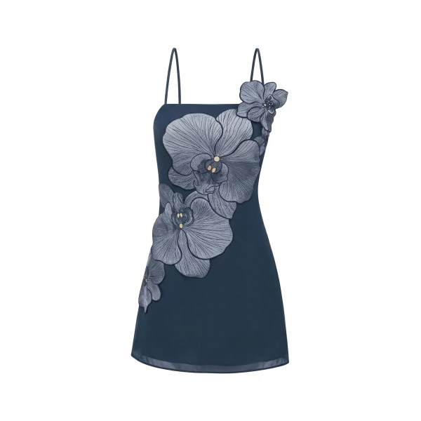 Orchid Appliqué Mini Dress in Dark Blue