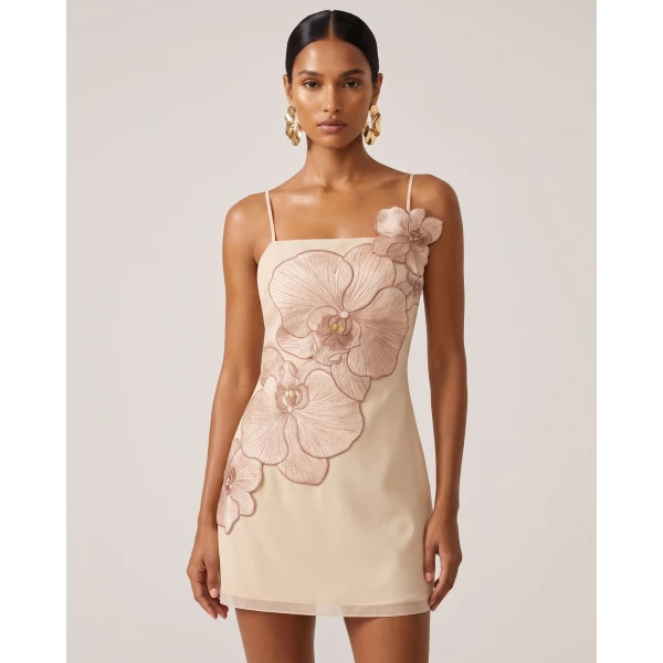Orchid Appliqué Mini Dress in Light Flesh Pink