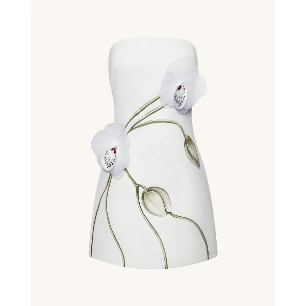 Orchid Appliqué Strapless Dress in White