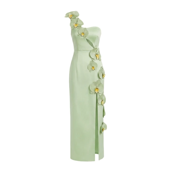 Orchid Embellished Cutout Slit Maxi Dress in Pistachio Green