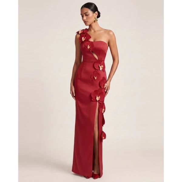 Orchid Embellished Cutout Slit Maxi Dress in Red