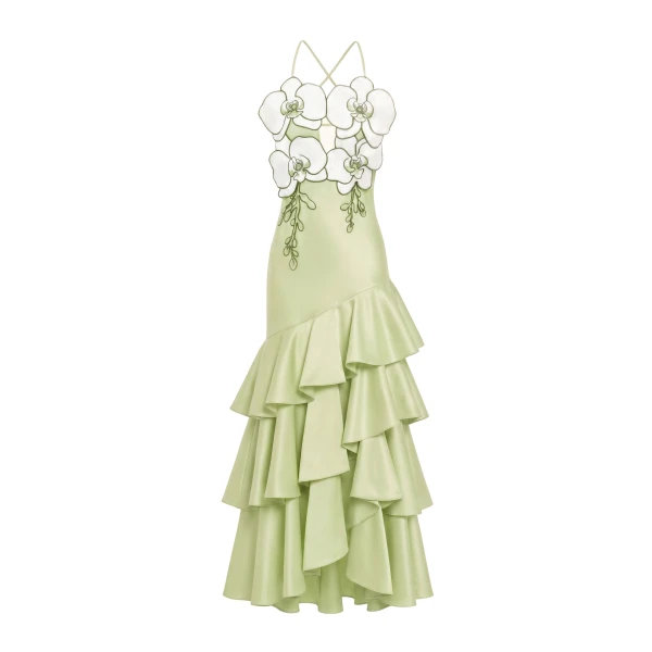 Orchid Embellished Ruffle Midi Dress in Light Green
