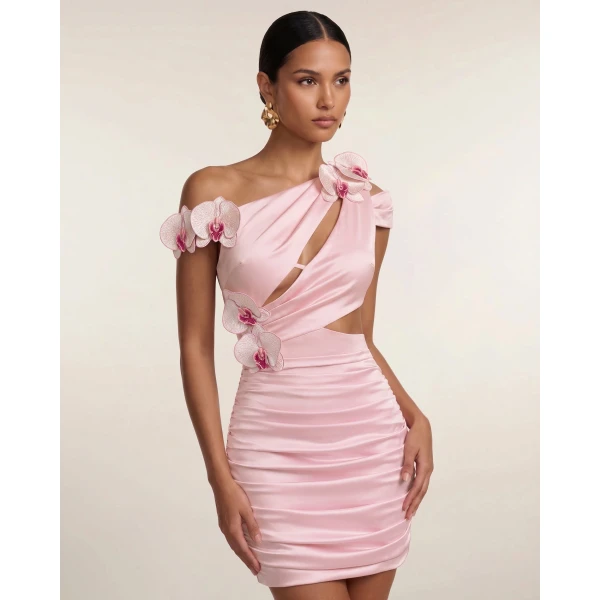 Orchid Embroidered Cutout Ruched Mini Dress in Blush Pink