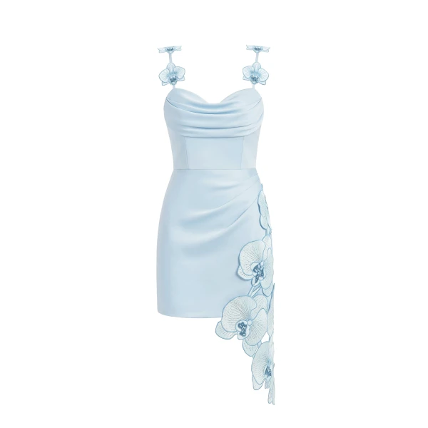Orchid Embroidered Draped Mini Dress in Light Blue