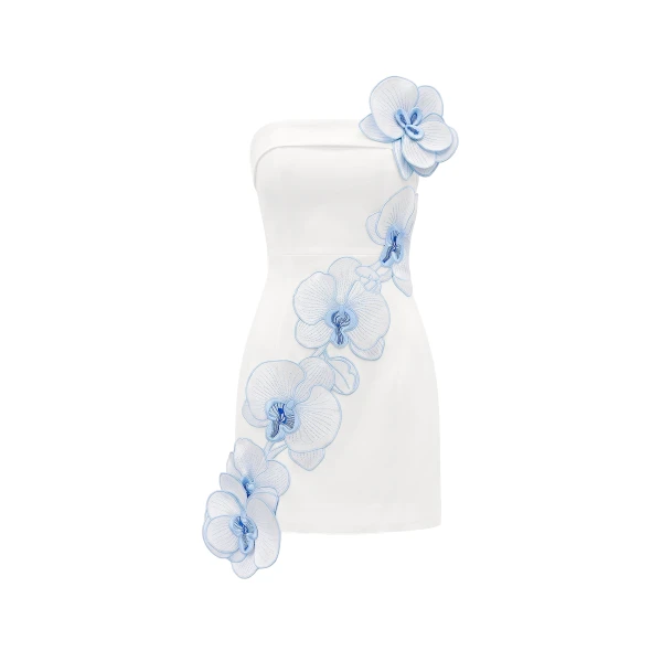Orchid Embroidered Floral Appliqué Strapless Mini Dress in White Blue
