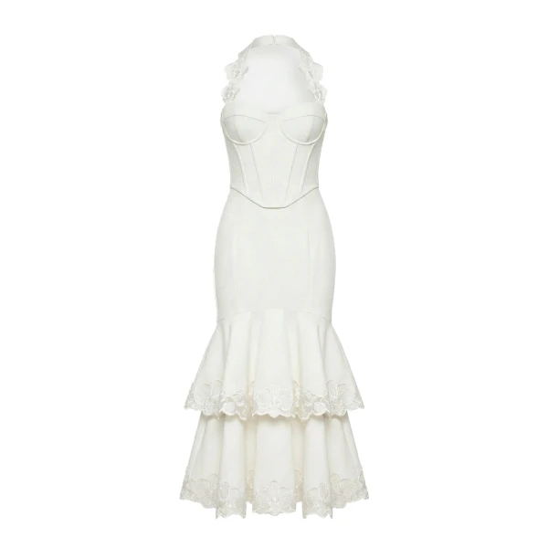 Orchid Embroidered Halter Corset Midi Dress in White