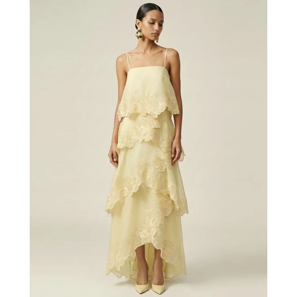 Orchid Embroidered Layered Maxi Dress in Light Yellow