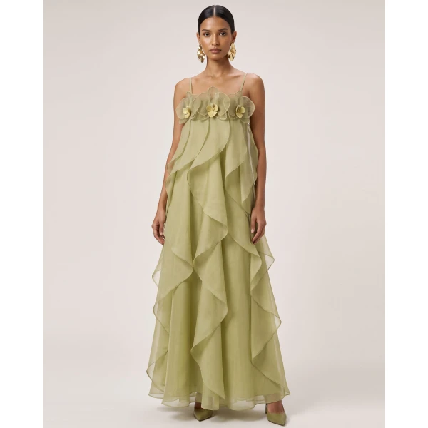 Orchid Embroidered Organza Maxi Dress in Light Green