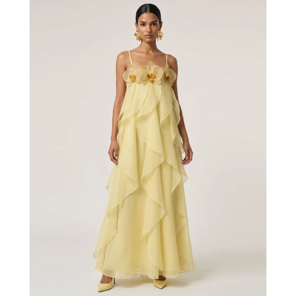 Orchid Embroidered Organza Maxi Dress in Light Yellow