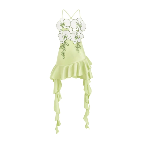Orchid Embroidered Ruffle Hem Mini Dress in Light Green