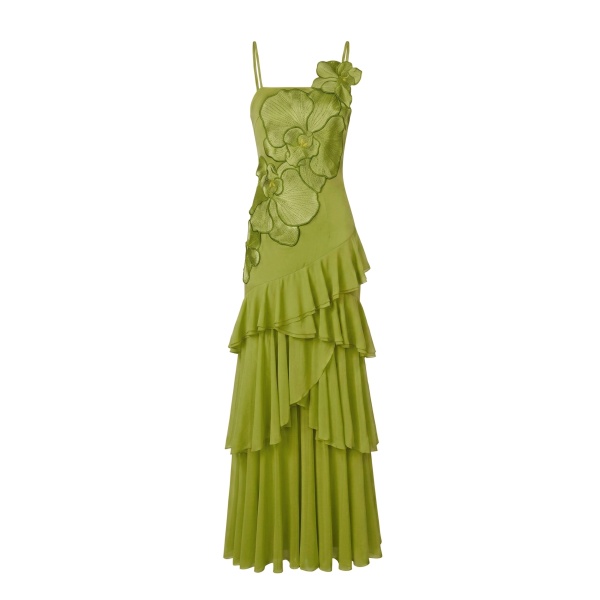 JW PEI Orchid Embroidered Ruffled One-Shoulder Maxi Dress