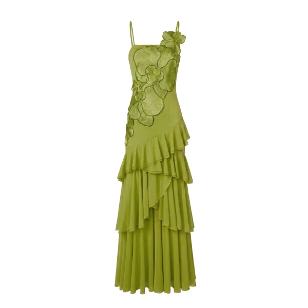 Orchid Embroidered Ruffled One-Shoulder Maxi Dress in Olive Green