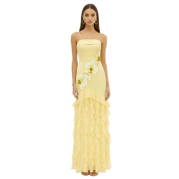 Orchid Embroidered Ruffled Strapless Maxi Dress in Pale Yellow
