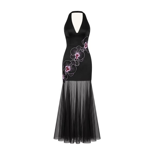 JW PEI Orchid Embroidered Sheer Hem Halter Maxi Dress