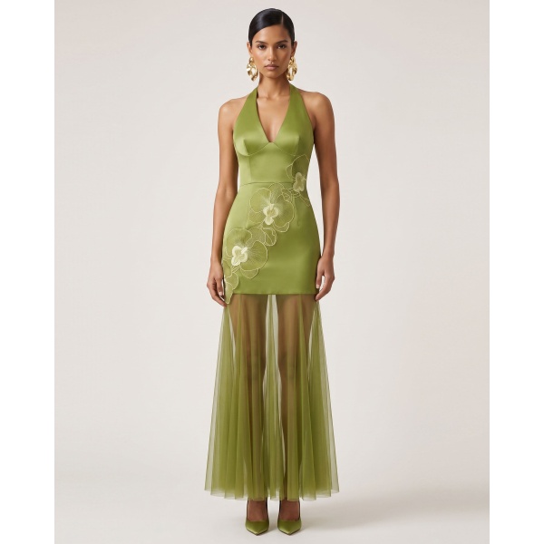JW PEI Orchid Embroidered Sheer Hem Halter Maxi Dress