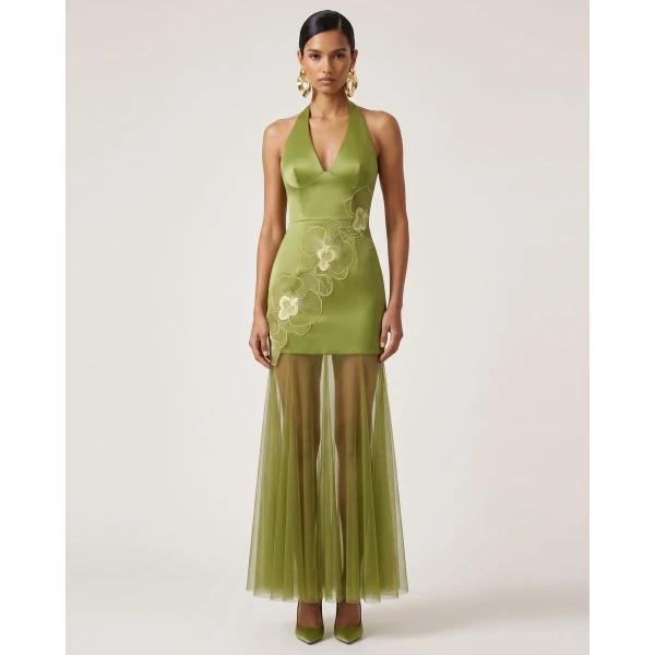 Orchid Embroidered Sheer Hem Halter Maxi Dress in Olive