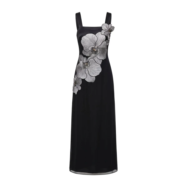 Orchid Embroidered Square Neck Column Maxi Dress in Black