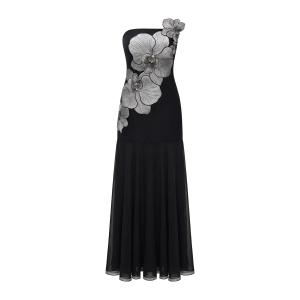 Orchid Embroidered Strapless A-Line Maxi Dress in Black