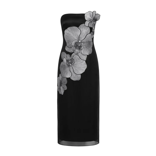 Orchid Embroidered Strapless Column Midi Dress in Black