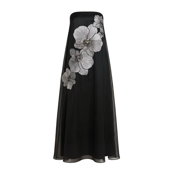 Orchid Embroidered Strapless Flowing Maxi Dress in Black