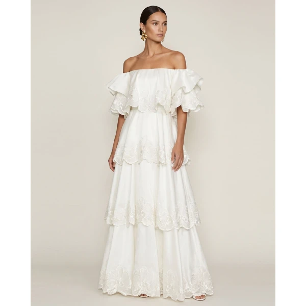 Orchid Embroidered Tiered Off-Shoulder Maxi Dress in White