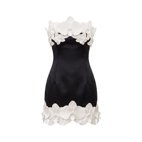 Orchid Trim Strapless Mini Dress in Black & Ivory