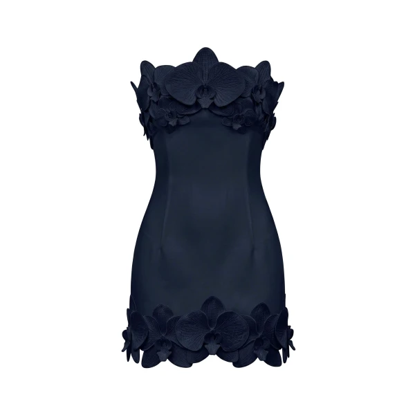 Orchid Trim Strapless Mini Dress in Dark Blue