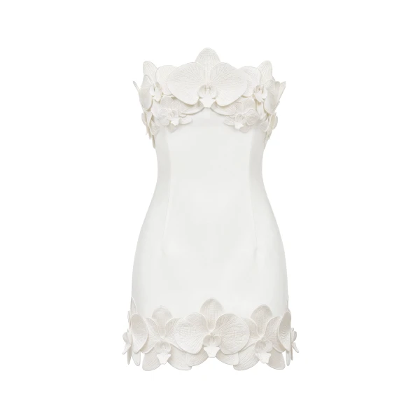 Orchid Trim Strapless Mini Dress in White