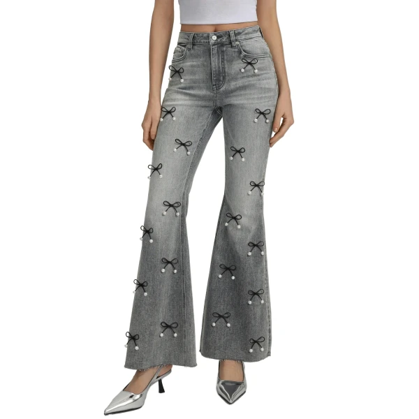 Pearl Accent Bow Boogie Child Fray Jeans in Smoke and Mirrors